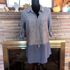 Chambray shirt, sheer panel at bottom.
